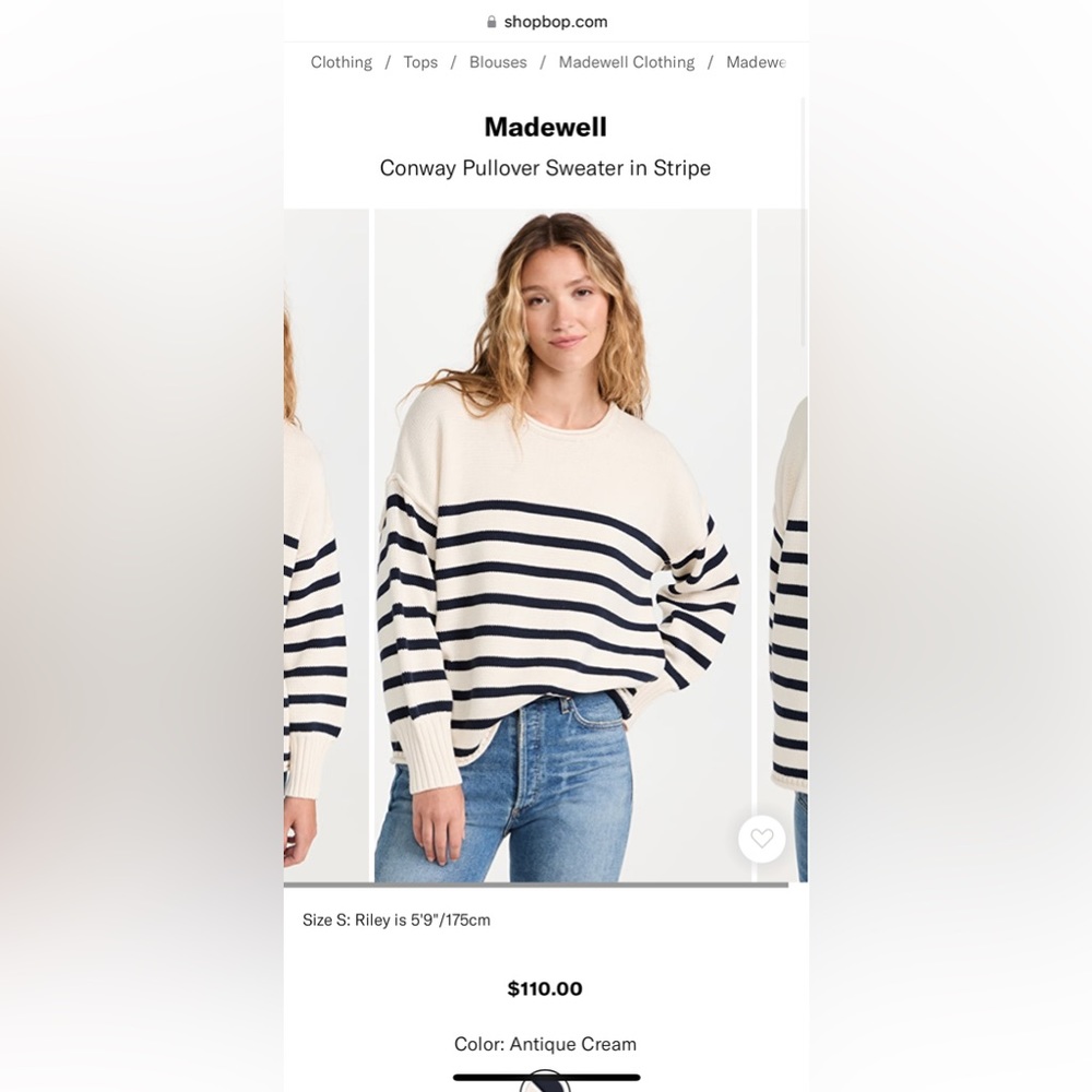 Madewell Conway Pullover Sweater in Antique Cream and Navy Stripe, XS